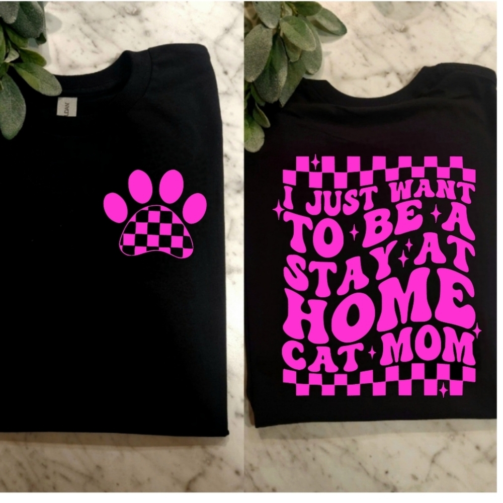 Cat mom shirt Stay At Home Cat Mom retro checkered popular cat mama Pink